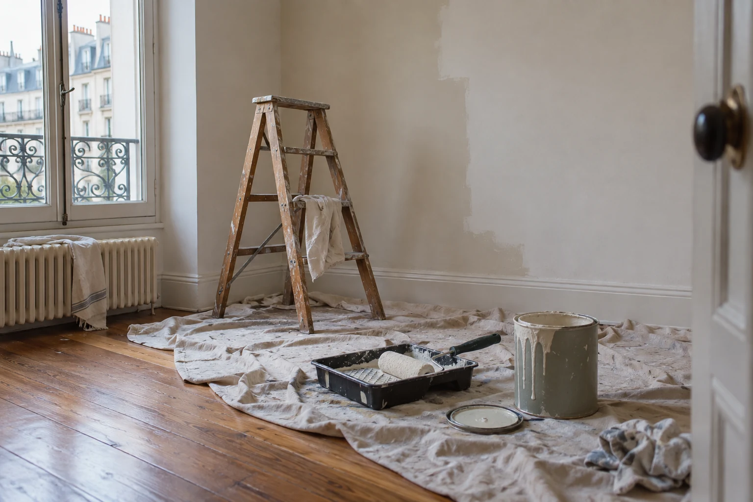 Chambre d’adulte au linge beige, tête de lit bois et lampes de chevet