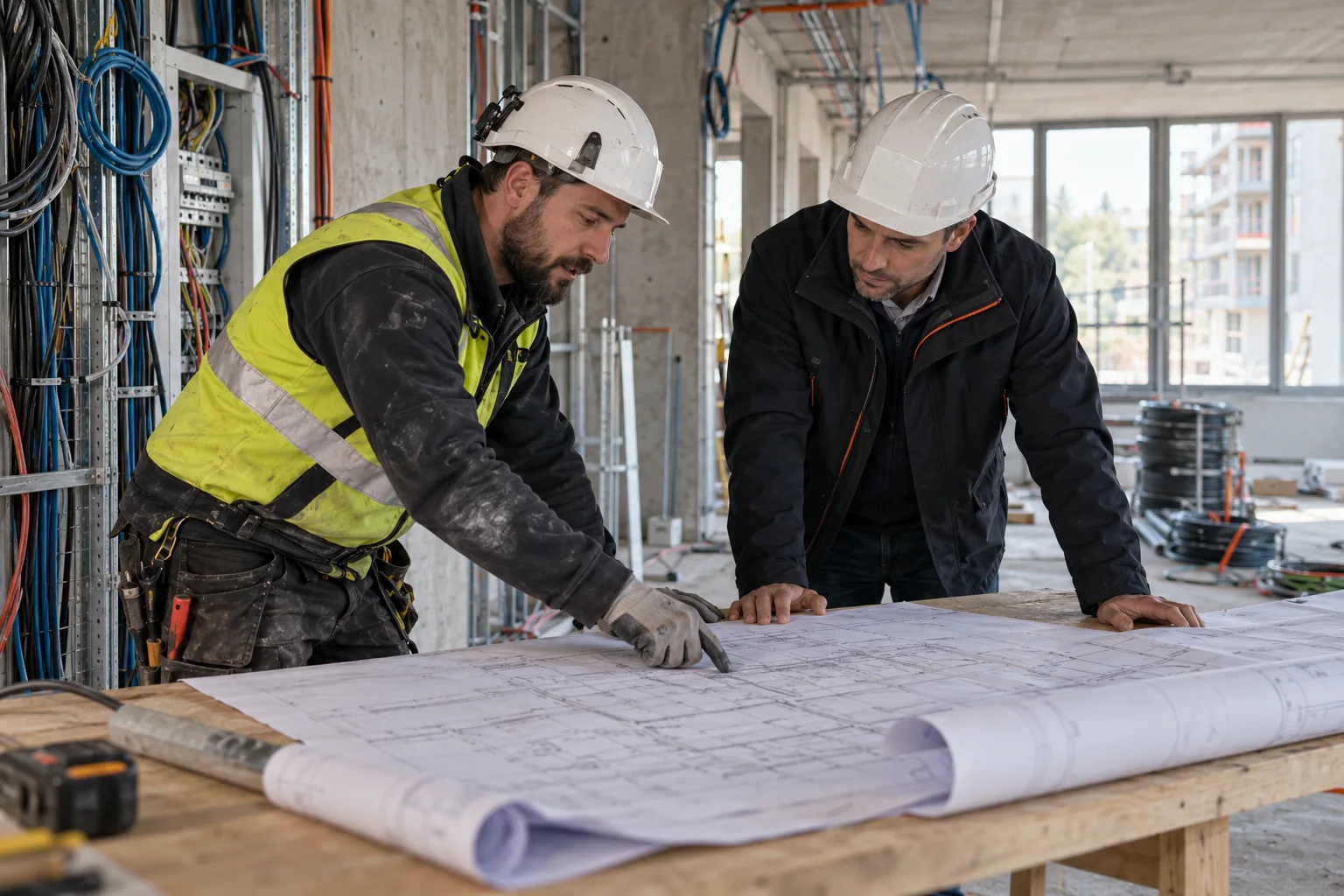Électricien et conducteur de travaux coordonnant un chantier à partir de plans