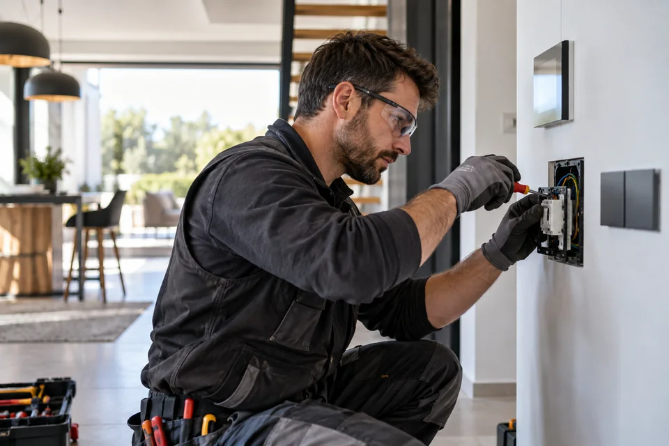 Électricien professionnel intervenant sur un tableau électrique de chantier