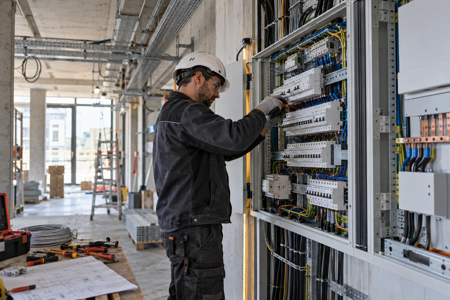 Électricien professionnel intervenant sur un tableau électrique de chantier Électricien professionnel intervenant sur un tableau électrique de chantier