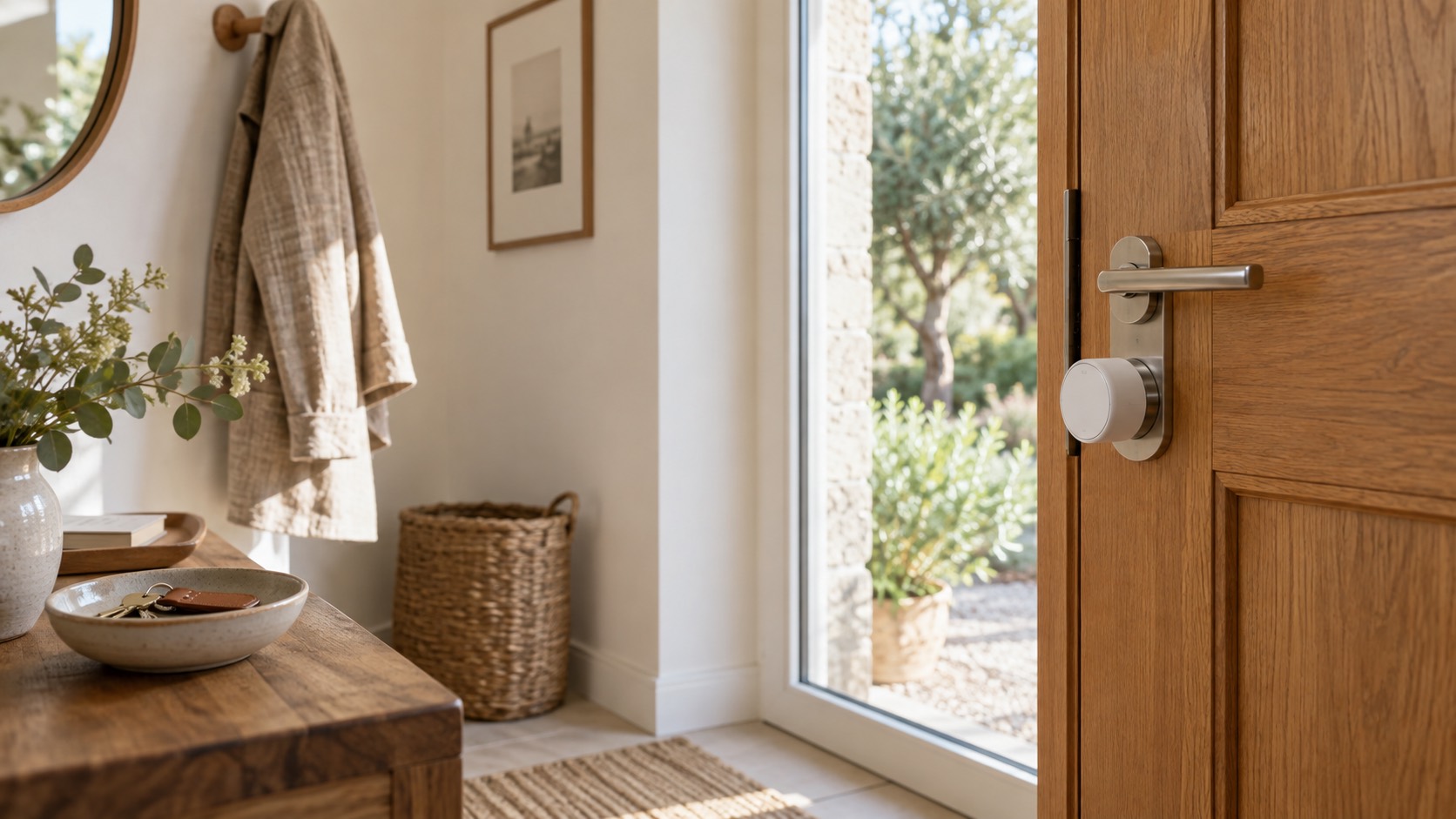 Serrure connectée installée sur une porte d'entrée d'une maison