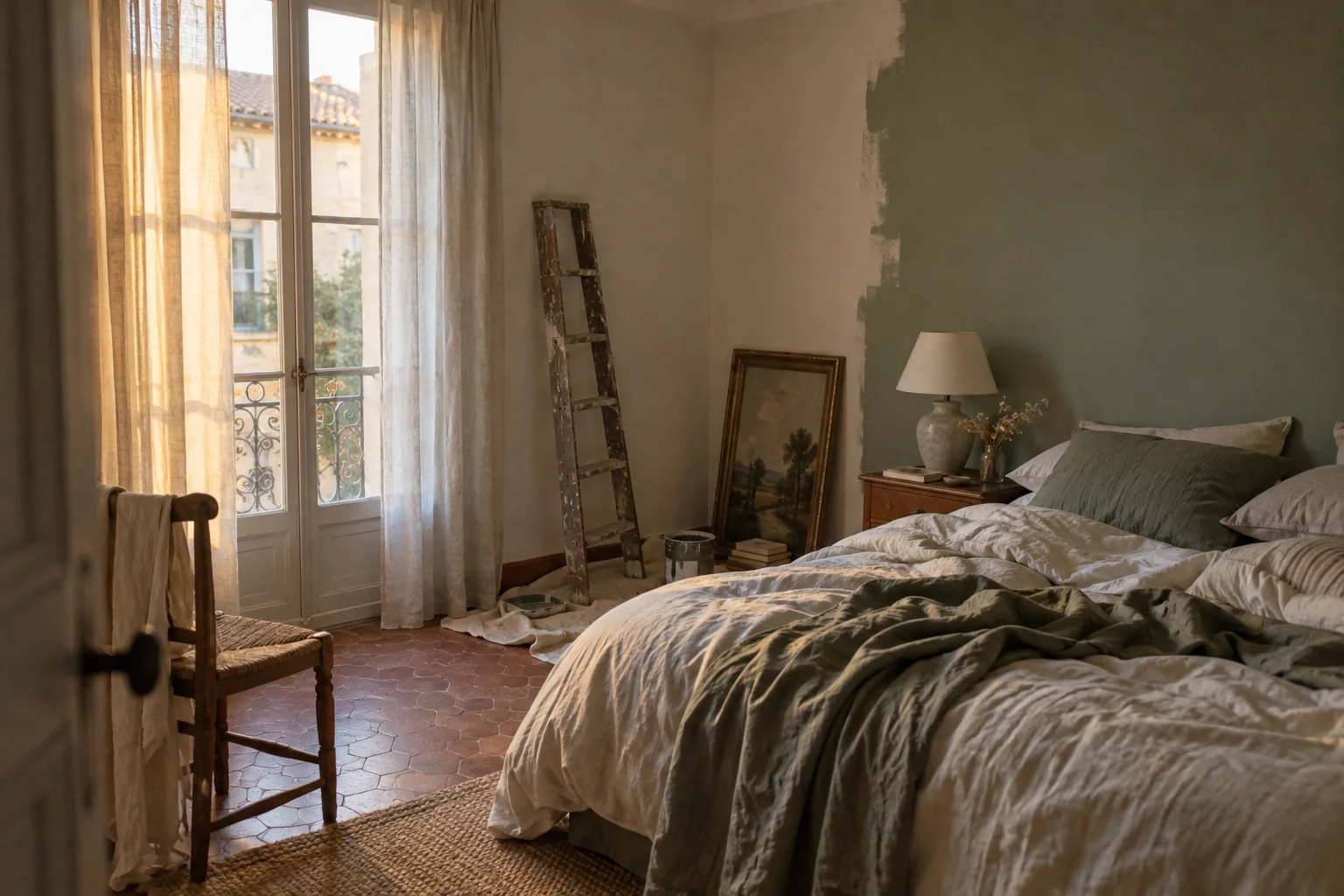Dressing le long d’un mur et lampes de chevet dans une chambre