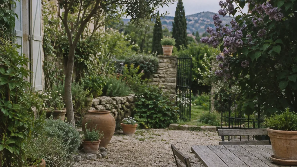 Lounge de jardin entouré de pots et de jardinières, éclairage doux en fin de journée