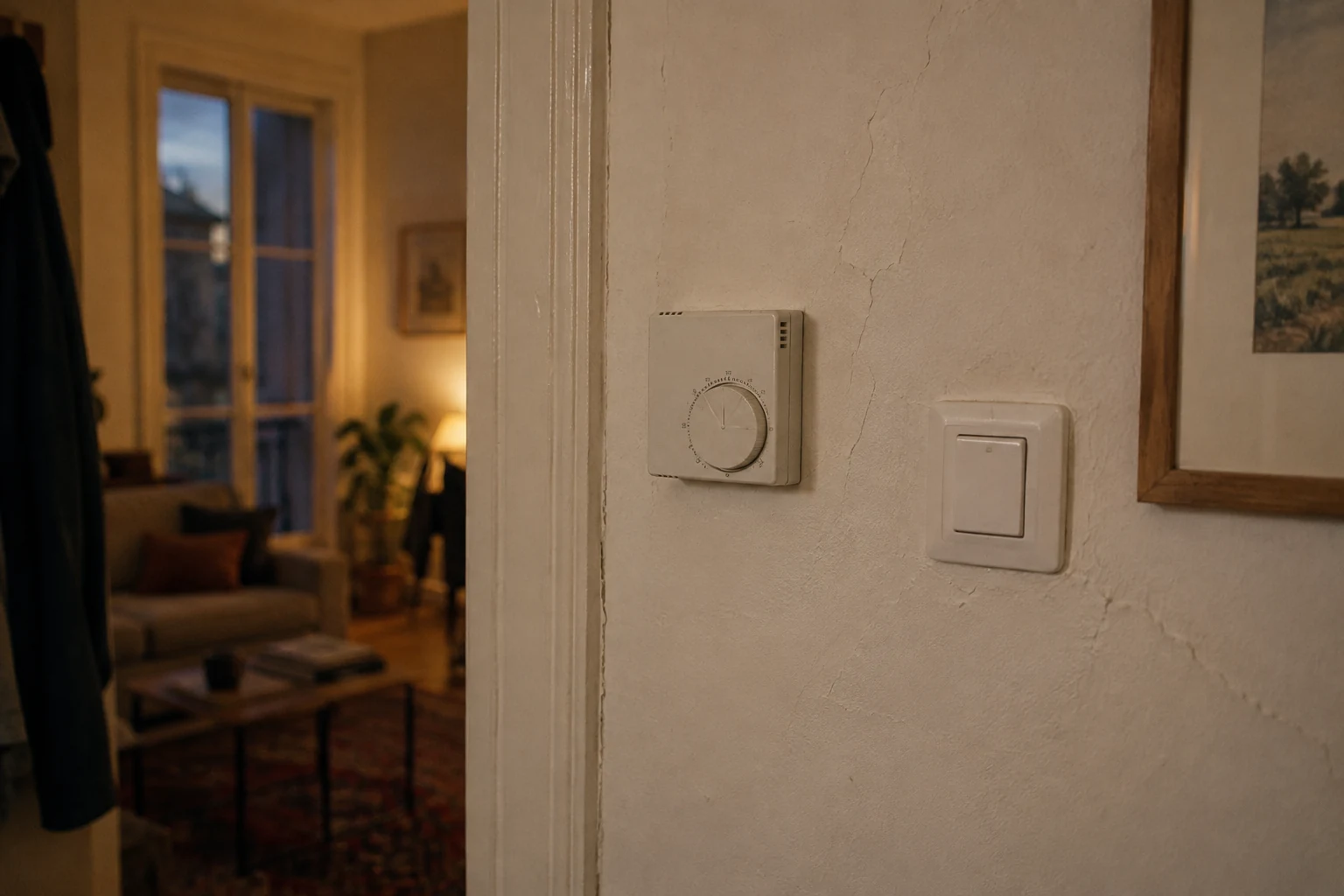 Thermostat mural dans un couloir habité