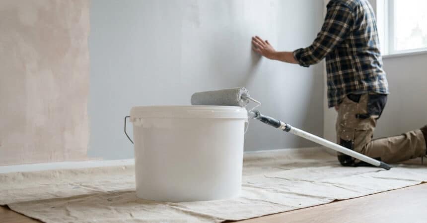 A person touches a freshly painted light grey wall. A white paint bucket and roller sit on a drop cloth, showing home improvement.
