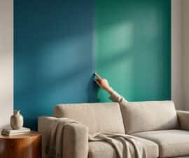 A hand points to a wall split between 'bleu canard' and 'vert canard' teal, in a stylish living room with a sofa and natural light.