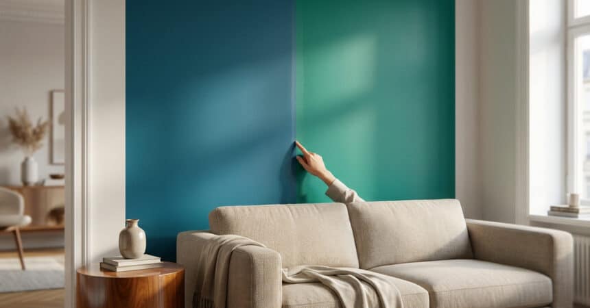 A hand points to a wall split between 'bleu canard' and 'vert canard' teal, in a stylish living room with a sofa and natural light.