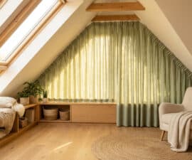 Bright, modern attic room with sloped ceiling. Custom sage green curtains follow the incline, filtering light. Cozy armchair, window seat, plants.