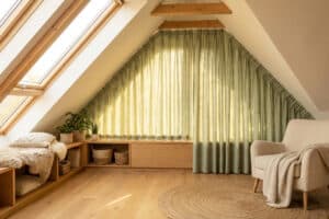 Bright, modern attic room with sloped ceiling. Custom sage green curtains follow the incline, filtering light. Cozy armchair, window seat, plants.