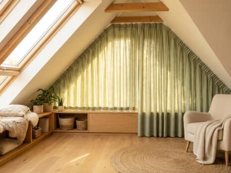 Bright, modern attic room with sloped ceiling. Custom sage green curtains follow the incline, filtering light. Cozy armchair, window seat, plants.