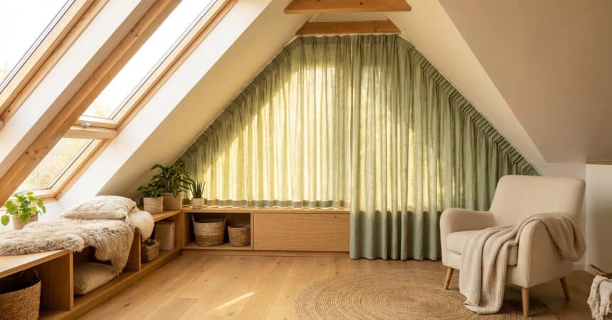 Bright, modern attic room with sloped ceiling. Custom sage green curtains follow the incline, filtering light. Cozy armchair, window seat, plants.