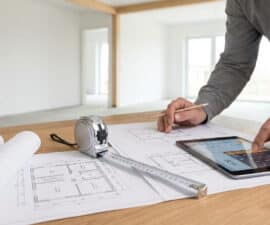 Person planning construction with blueprints, a tape measure, and a tablet calculator on a wooden desk in a bright, unfinished room.