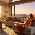 Modern living room bathed in golden hour sun. Person reads on a sofa with an orange throw, steaming mug, and mountain view outside.