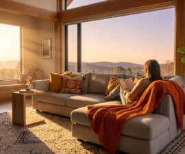 Modern living room bathed in golden hour sun. Person reads on a sofa with an orange throw, steaming mug, and mountain view outside.