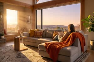 Modern living room bathed in golden hour sun. Person reads on a sofa with an orange throw, steaming mug, and mountain view outside.