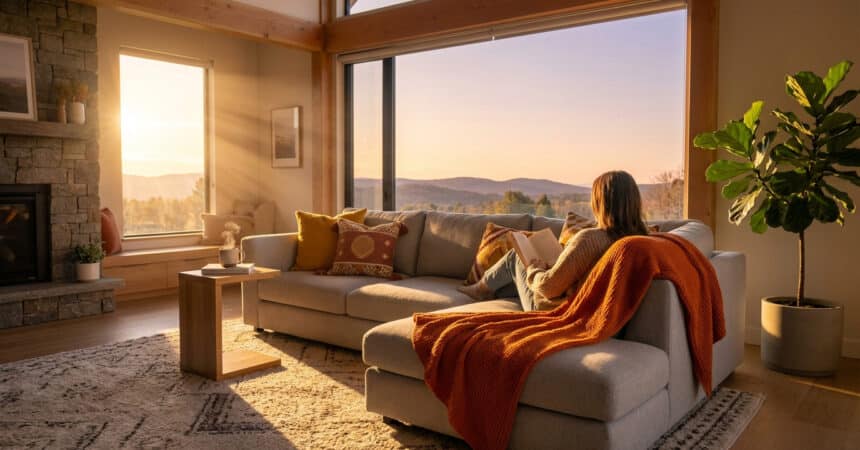 Modern living room bathed in golden hour sun. Person reads on a sofa with an orange throw, steaming mug, and mountain view outside.