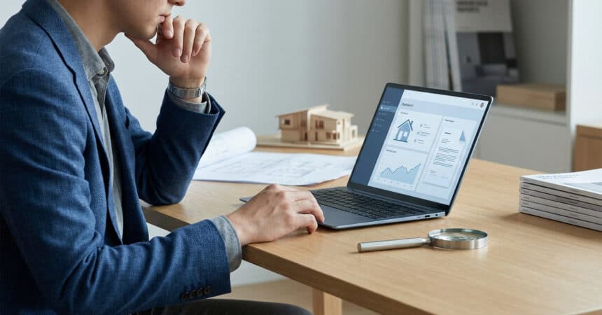 Professional analyzing real estate data on a laptop, hand near screen. Blurred background shows architectural model, blueprints, and documents.