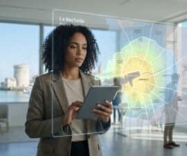 A woman analyzes a holographic map of La Rochelle's urban zones in a modern office, with the city's historic towers visible.