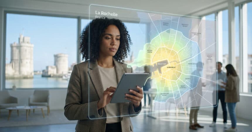 A woman analyzes a holographic map of La Rochelle's urban zones in a modern office, with the city's historic towers visible.