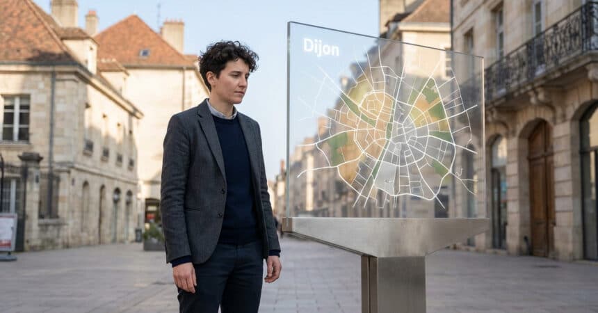 Gender-neutral individual thoughtfully observes a transparent digital map of Dijon, blurred historic buildings in background.