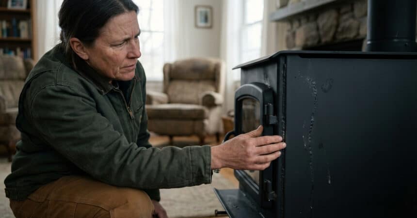 A person in earthy tones inspects a wood stove, touching a seam with a skeptical expression, evaluating its manufacturing quality in a cozy home.