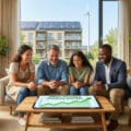 Diverse group smiles at a tablet showing an energy savings graph. Sustainable building with solar panels and wind turbine outside.