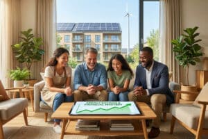 Diverse group smiles at a tablet showing an energy savings graph. Sustainable building with solar panels and wind turbine outside.