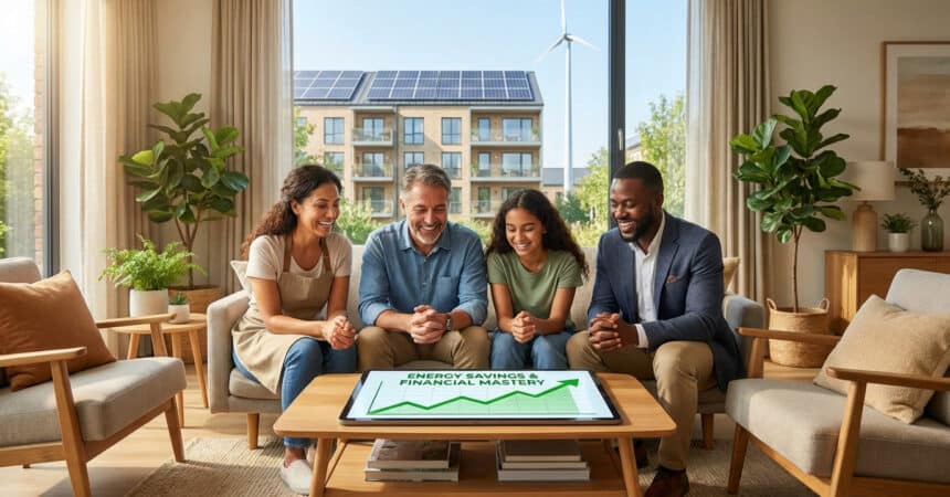 Diverse group smiles at a tablet showing an energy savings graph. Sustainable building with solar panels and wind turbine outside.