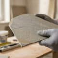 Gloved hands inspect a thin stone tile with a visible crack, set against a blurred renovation background with tools.