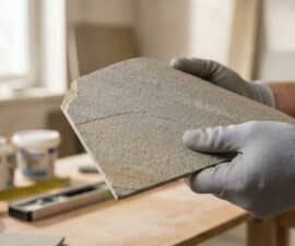 Gloved hands inspect a thin stone tile with a visible crack, set against a blurred renovation background with tools.
