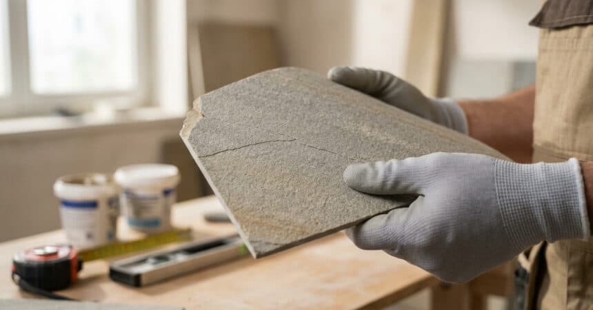 Gloved hands inspect a thin stone tile with a visible crack, set against a blurred renovation background with tools.