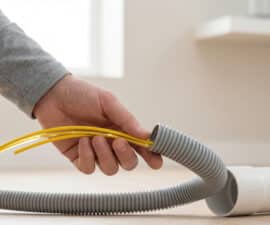 A hand guides yellow fiber optic cables into a grey corrugated conduit connected to a rigid white pipe, demonstrating cable protection options.