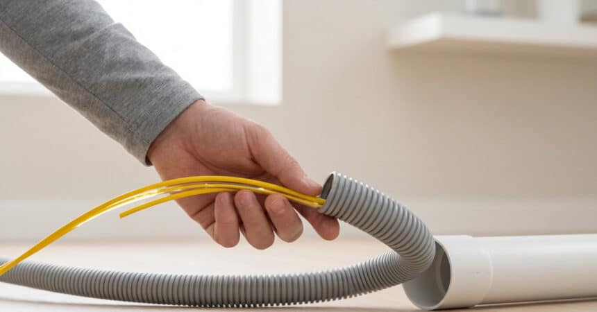 A hand guides yellow fiber optic cables into a grey corrugated conduit connected to a rigid white pipe, demonstrating cable protection options.