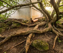 Close-up of a mature fig tree's powerful roots intertwining above dark soil, extending towards a concrete foundation and terracotta pipe.