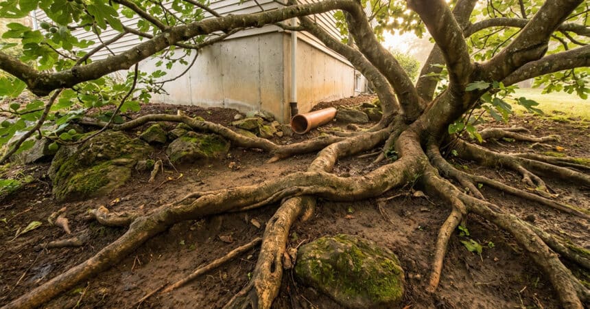 Close-up of a mature fig tree's powerful roots intertwining above dark soil, extending towards a concrete foundation and terracotta pipe.