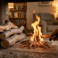 Close-up of a hand in work gloves adding small fig wood to a quick-burning fire in a rustic fireplace, with more logs nearby and a cozy living room in the background.