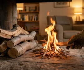 Close-up of a hand in work gloves adding small fig wood to a quick-burning fire in a rustic fireplace, with more logs nearby and a cozy living room in the background.