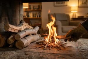 Close-up of a hand in work gloves adding small fig wood to a quick-burning fire in a rustic fireplace, with more logs nearby and a cozy living room in the background.