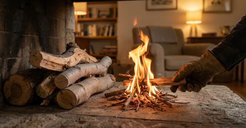 Close-up of a hand in work gloves adding small fig wood to a quick-burning fire in a rustic fireplace, with more logs nearby and a cozy living room in the background.