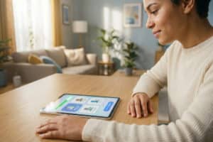 Young adult focused on a tablet displaying a housing application portal with listings and a submit button, in a warm, blurred home.