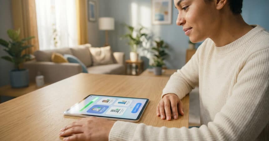 Young adult focused on a tablet displaying a housing application portal with listings and a submit button, in a warm, blurred home.