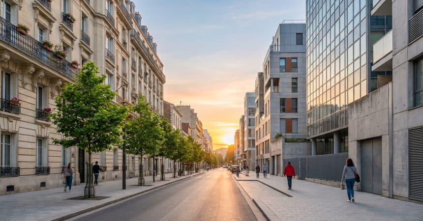 Sunset street scene in a French city. Haussmannian buildings left, modern right. People walk on clean sidewalks under a warm sky.