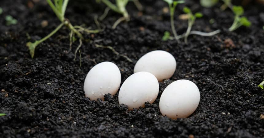 Close-up of four pristine white oval eggs nestled in dark, moist soil with blurred green plants in the background.