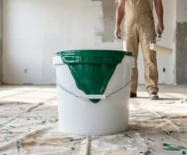 White bucket with vibrant emerald green paint dripping, on a drop cloth. A painter with roller stands in a spacious, bright renovated room.