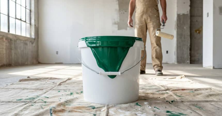 White bucket with vibrant emerald green paint dripping, on a drop cloth. A painter with roller stands in a spacious, bright renovated room.