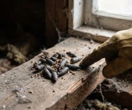 A gloved hand points to dark, elongated pine marten droppings on a dusty wooden beam in a dimly lit attic, with a window in the background.