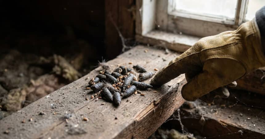 A gloved hand points to dark, elongated pine marten droppings on a dusty wooden beam in a dimly lit attic, with a window in the background.