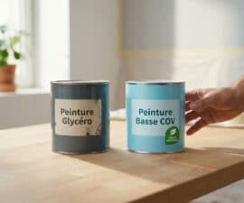 Deux pots de peinture sur un établi en bois. Une main choisit la peinture Basse COV, symbolisant un choix sain et moderne.