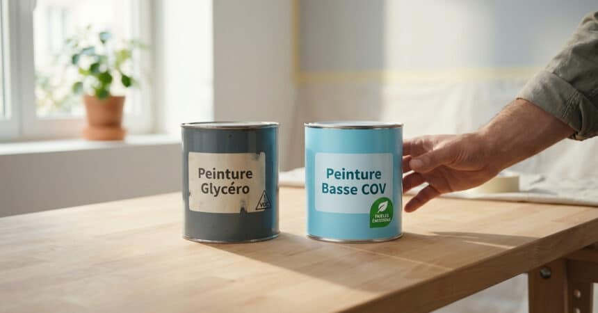 Deux pots de peinture sur un établi en bois. Une main choisit la peinture Basse COV, symbolisant un choix sain et moderne.