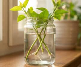 Close-up of vibrant green lilac cuttings in a clear glass jar with visible white roots in water. Soft natural light from a window illuminates the scene.